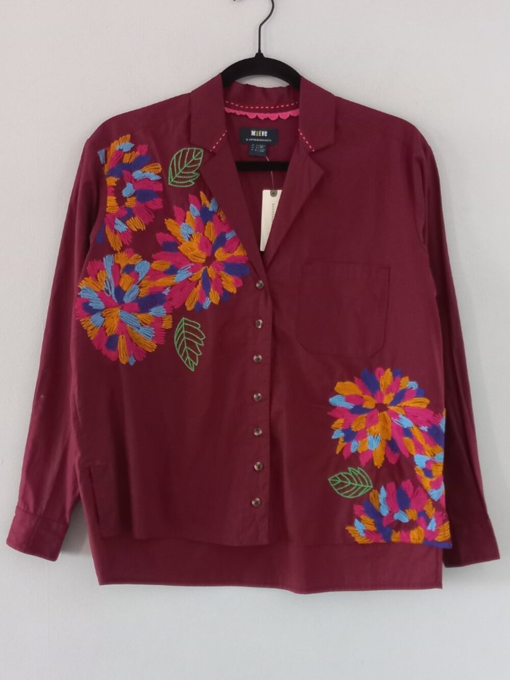 MAEVE ANTHROPOLOGIE burgundy button up shirt with embroidery